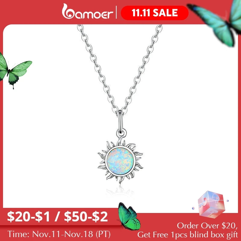 925 Sterling Silver White Opal Sun Pendant Necklace