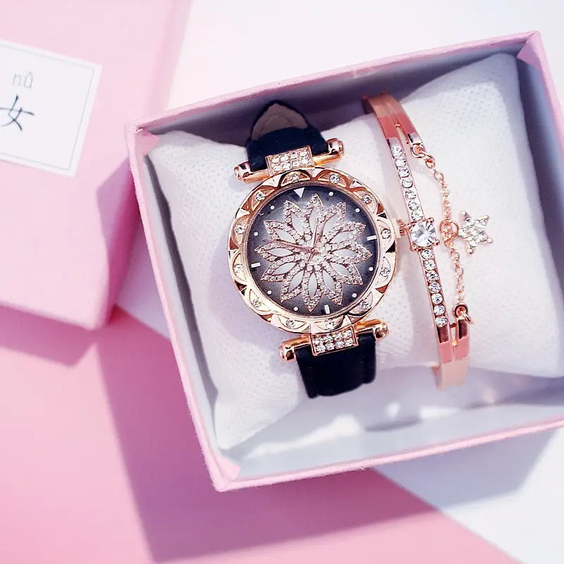 Lucky Flower Luxury Ladies Rhinestone Watches Bracelet Set