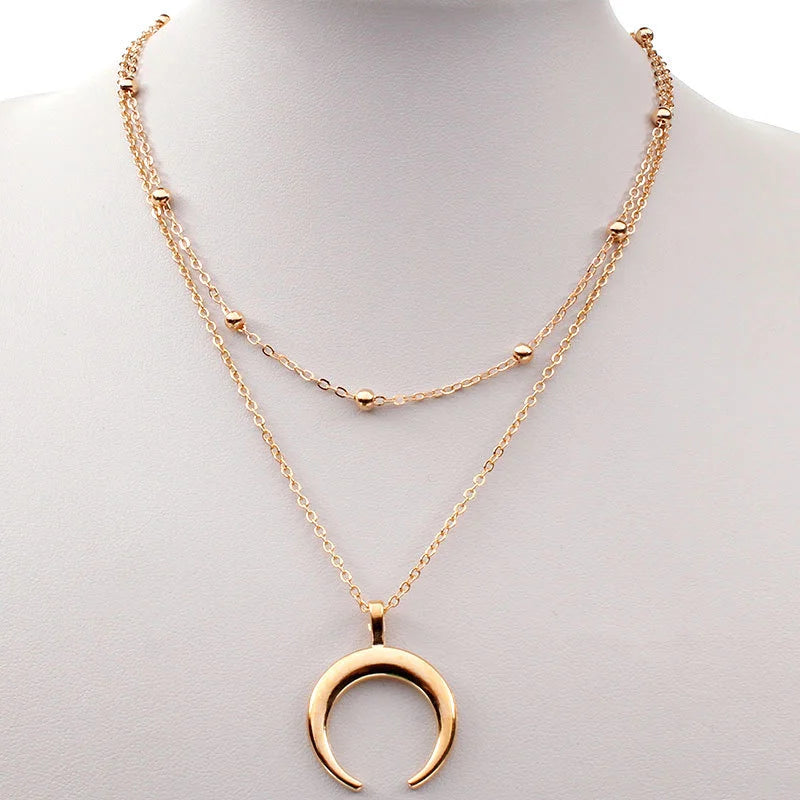 Double Layer Gold Moon Pendant Necklace